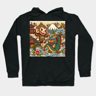 Cute Monkey and Dragon in Japan with Pagoda ,Wave, Flower and Fuji Mount Hoodie